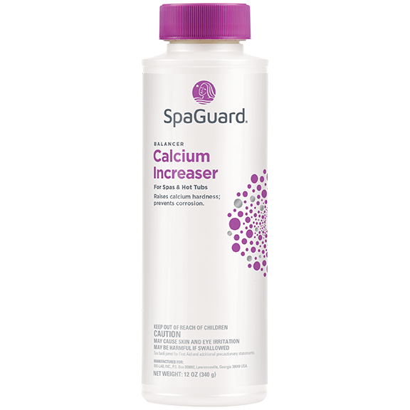 A bottle of SpaGuard Calcium Hardness Increaser designed for pool and spa water care.