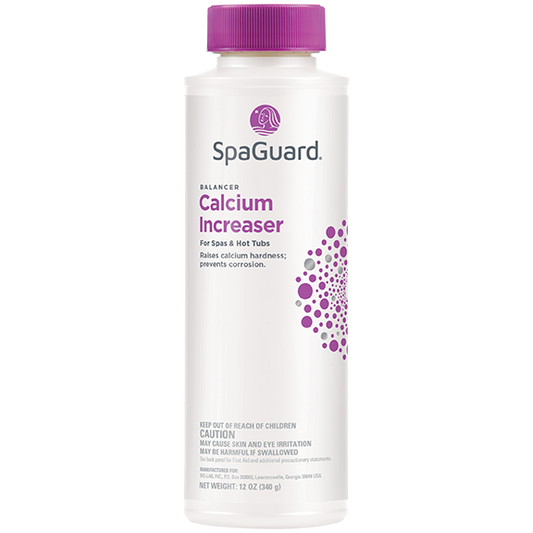 A bottle of SpaGuard Calcium Hardness Increaser designed for pool and spa water care.